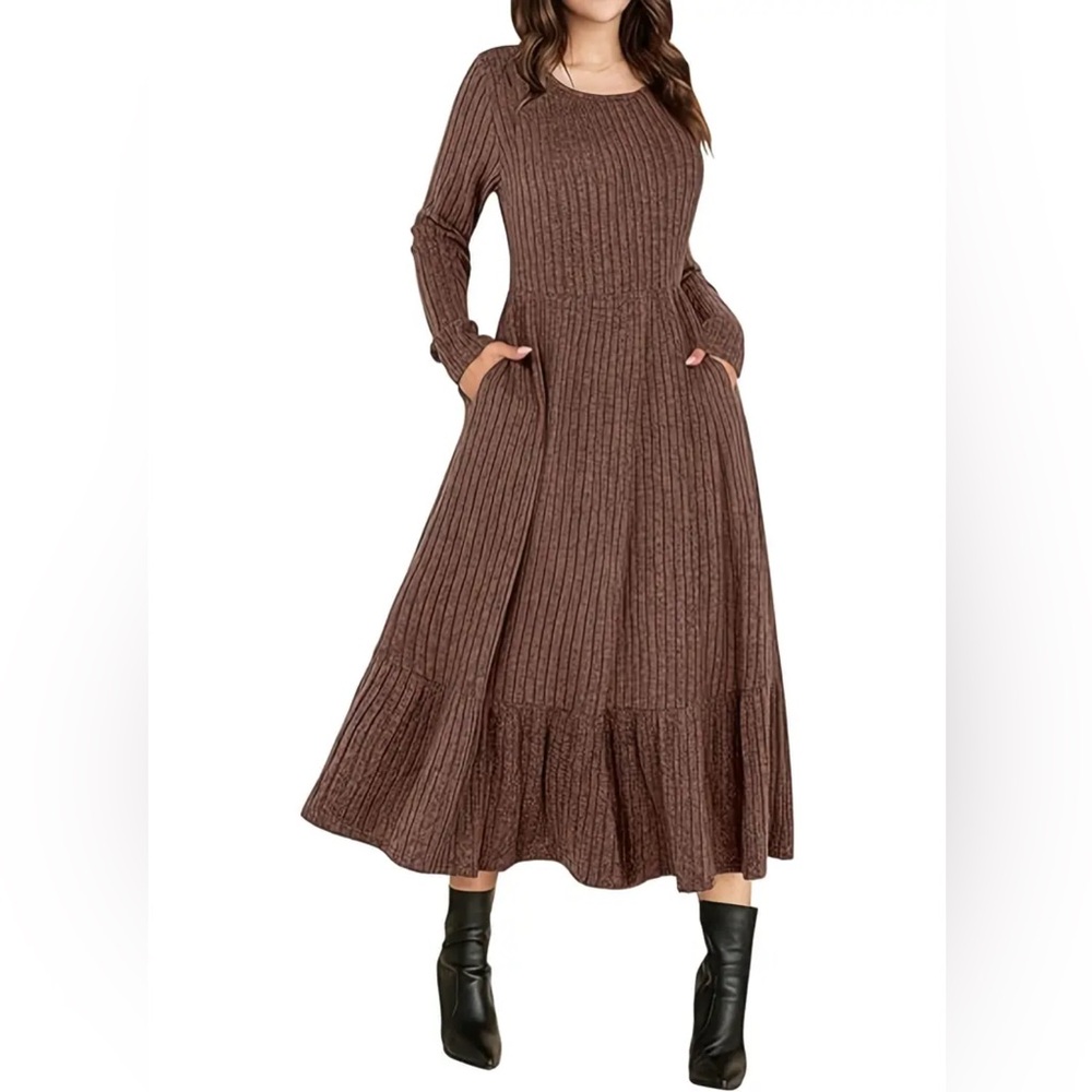 Brown Long Sleeve Ribbed Maxi Dress with Pockets
